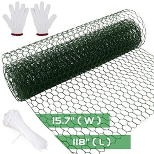 aboofx green chicken wire netting, 118 x 15.7 in chicken wire for foral arrangements, garden poultry chicken wire mesh, hexagonal pvc coated galvanized iron wire, with 50 zip ties and 1 pair of glove