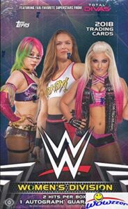 2018 topps wwe women’s division huge factory sealed hobby box with (2) hits including auto! look for autos, kiss card, relic & more of top wwe female superstars including ronda rousey! wowzzer!