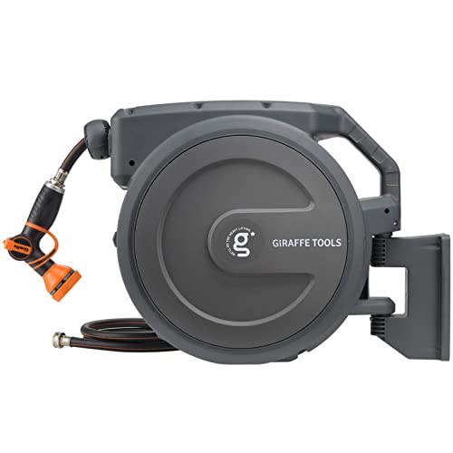 Giraffe Tools AW30 Garden Hose Reel Retractable 100ft x 1/2" with 9 Pattern Nozzle Wall Mounted Auto Rewind Hose Reel, 100ft, Dark Grey