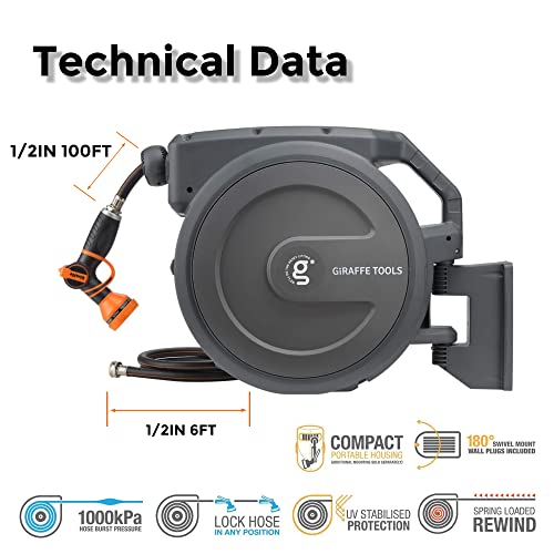 Giraffe Tools AW30 Garden Hose Reel Retractable 100ft x 1/2" with 9 Pattern Nozzle Wall Mounted Auto Rewind Hose Reel, 100ft, Dark Grey