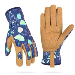leather gardening working gloves for women, abrasion garden gloves scratch resistant breathable for weeding, digging, planting, raking & mowing (medium)