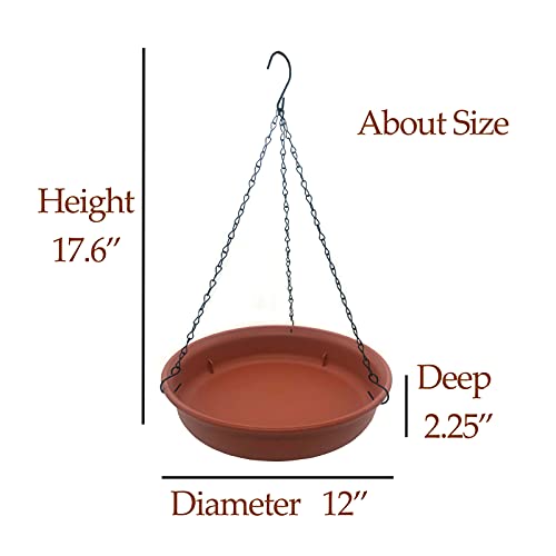 Hanging Bird Bath for Outdside, 12" in Diameter × 2.25" Deep Brick Red Bird Bath Tray,Made of PP Material with 15.7" Antirust Paint Black Chain for Garden Yard Decoration