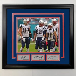 framed rob gronkowski, tom brady and julian edelman facsimile laser engraved signatures new england patriots 19×21 football photo