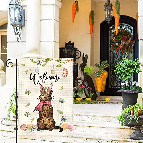 AVOIN colorlife Easter Welcome Cat Garden Flag 12 x 18 Inch Double Sided, Easter Egg Spring Rustic Holiday Yard Outdoor Decoration