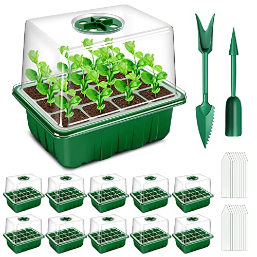 YAUNGEL Seed Starter Tray, 10 Pack 120 Cells Thicken Seed Starting Trays Kit with Humidity Dome/Heightened Lids Growing Trays for Greenhouse & Gardens, Green