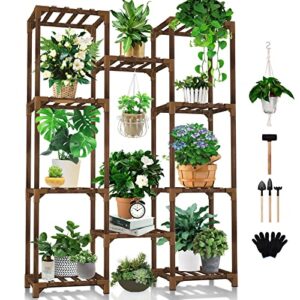 plant stand indoor outdoor, uneedem tall plant shelf for multiple plants, 10 tiers 11 pot large plant rack wood plant holder plant shelves for room corner balcony garden patio