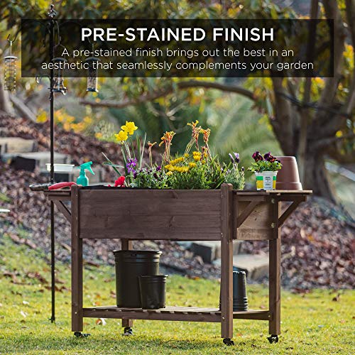 Best Choice Products 57x20x33in Mobile Raised Garden Bed Elevated Wood Planter Box Stand for Backyard, Patio w/Folding Side Tables, Locking Wheels - Brown