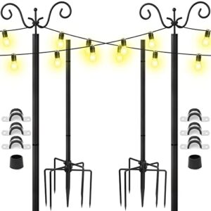 kalafun outdoor string light poles stand – 2 pack poles for hanging outside string lights – 9 ft adjustable metal string light pole stakes with hooks for patio fence garden deck bistro backyard