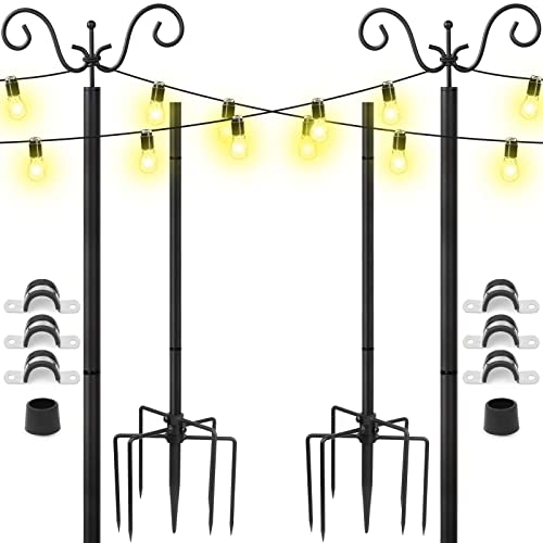 Kalafun Outdoor String Light Poles Stand - 2 Pack Poles for Hanging Outside String Lights - 9 FT Adjustable Metal String Light Pole Stakes with Hooks for Patio Fence Garden Deck Bistro Backyard