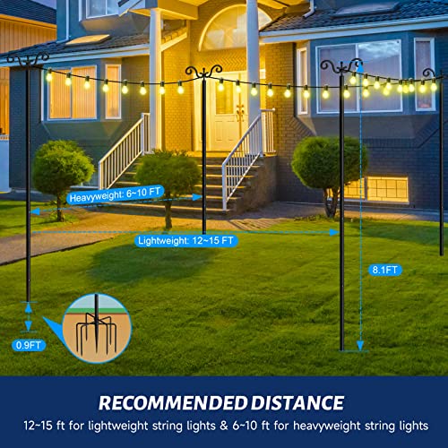 Kalafun Outdoor String Light Poles Stand - 2 Pack Poles for Hanging Outside String Lights - 9 FT Adjustable Metal String Light Pole Stakes with Hooks for Patio Fence Garden Deck Bistro Backyard