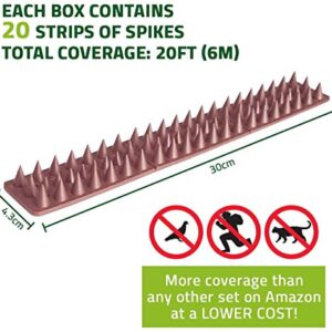 DE-BIRD: Defender Spikes, Cat and Bird Deterrent - Outdoor Pest Defender to Keep Off Pigeon, Squirrel, Woodpecker & More. Plastic Deterrent Anti Theft Climb Strips - 20pk [20 Foot]