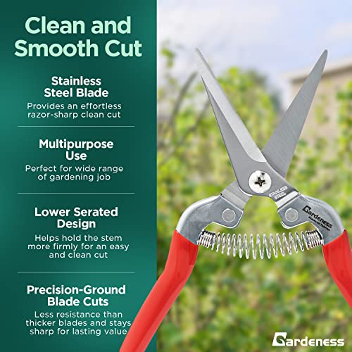 Gardeness Pruning Shear Straight Pruning Snip with Stainless Steel Serrated Blade, Adjustable Joint Screw Micro Tip Garden Scissor for Arranging, Trimming, Harvesting Fruit, Vegetables, Made in Taiwan