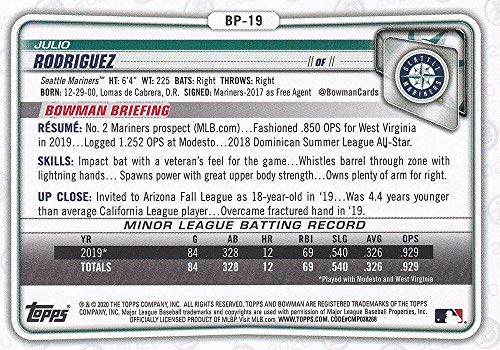 2020 Bowman Prospects #BP-19 Julio Rodriguez Seattle Mariners RC Rookie MLB Baseball Trading Card