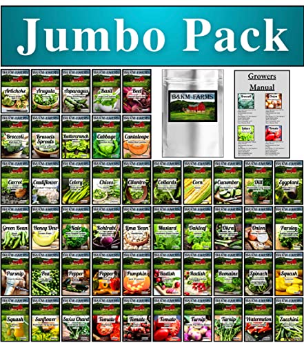 50 Vegetable & Fruit Seeds for Planting Your Outdoor & Indoor Home Seed Garden, Survival Gear Kit Includes 50,000 Seeds A Growing Guide & Mylar Package Gardening Heirloom Non-GMO Veggie Seed B&KM Farm