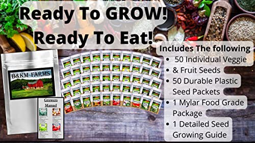 50 Vegetable & Fruit Seeds for Planting Your Outdoor & Indoor Home Seed Garden, Survival Gear Kit Includes 50,000 Seeds A Growing Guide & Mylar Package Gardening Heirloom Non-GMO Veggie Seed B&KM Farm