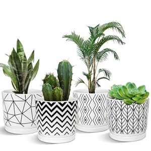 ton sin plant pots,5.5 inch white pots for indoor plants with drainage holes,cylinder flower pot ceramic planters with saucer,cactus succulent outdoor garden pots set of 4