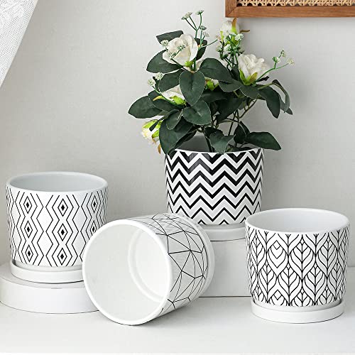 Ton Sin Plant Pots,5.5 Inch White Pots for Indoor Plants with Drainage Holes,Cylinder Flower Pot Ceramic Planters with Saucer,Cactus Succulent Outdoor Garden Pots Set of 4