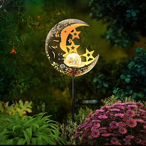 Hapjoy Moon Solar Lights Outdoor Garden Decorative Star Solar Lantern with Warm Light Waterproof Metal Outdoor Decoration for Patio, Pathway or Yard Garden Decor