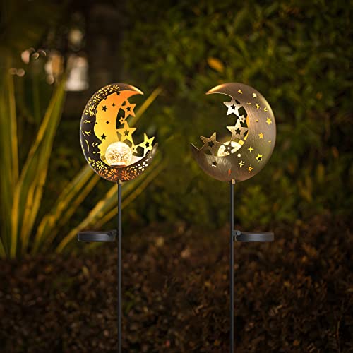 Hapjoy Moon Solar Lights Outdoor Garden Decorative Star Solar Lantern with Warm Light Waterproof Metal Outdoor Decoration for Patio, Pathway or Yard Garden Decor