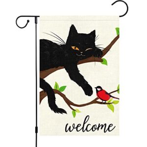 Welcome Spring Garden Flag 12x18 Double Sided, Burlap Small Black Cat Garden Yard Flags for Seasonal Outside Outdoor House Decoration (Only Flag)