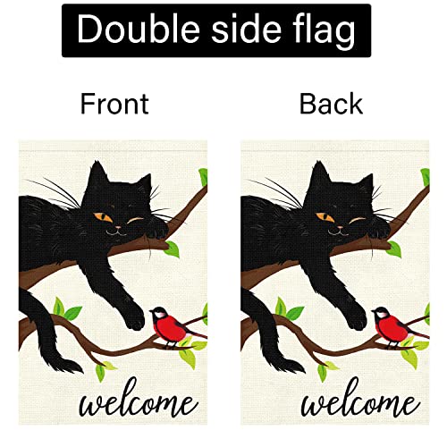 Welcome Spring Garden Flag 12x18 Double Sided, Burlap Small Black Cat Garden Yard Flags for Seasonal Outside Outdoor House Decoration (Only Flag)