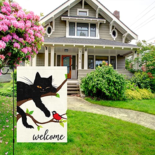 Welcome Spring Garden Flag 12x18 Double Sided, Burlap Small Black Cat Garden Yard Flags for Seasonal Outside Outdoor House Decoration (Only Flag)