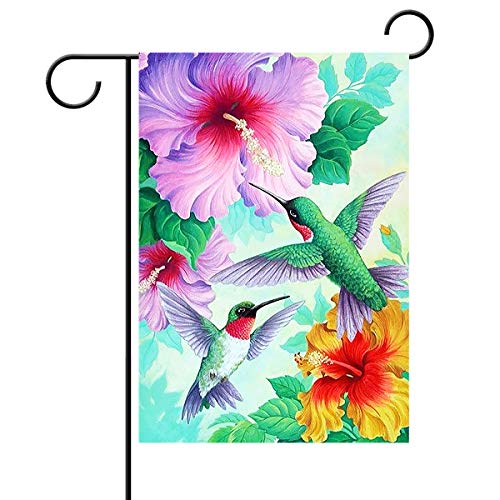 Spring Hummingbirds Hibiscus Flowers Summer Welcome Double Sided Garden Yard Flag 12" x 18", Hello Spring Summer Birds Tropical Flowers Lily Floral Decorative Garden Flag Banner for Outdoor Home