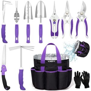 hlwdflz purple garden tool set gardening gifts for women – 11pcs heavy duty garden tools with detachable storage bag, weeder, dual-purpose hoe