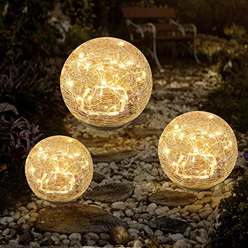 Garden Solar Lights Cracked Glass Ball Waterproof LED for Outdoor Decor Decorations Pathway Patio Yard Lawn, Warm White 2 Globe (3.9”)