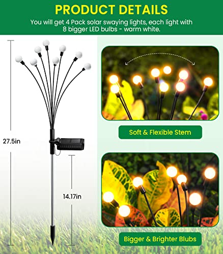 NEEMO Solar Garden Lights 4 Pack - Upgraded Brighter Firefly Lights Solar Outdoor with 8 LED, Swaying and Dancing, Solar Outdoor Lights, Pathway Lights Solar Powered for Yard Garden Patio (Warm white)