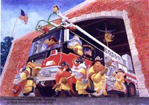 fireman series daffy duck, bugs bunny and crew in where one goes, we all go warner bros. artwork. ltd. run mini print custom matted to 8″ x 10″
