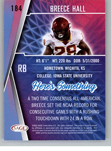 2022 Sage High Series #184 Breece Hall Iowa State Pre NFL Football Trading Card in Raw (NM or Better) Condition