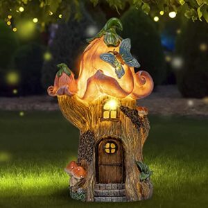 fairy garden accessories outdoor statues, mushroom house decor,large gnome solar powered lights sculptures,pink resin figurine butterfly figurines lawn ornaments for patio yard decorations 11inch
