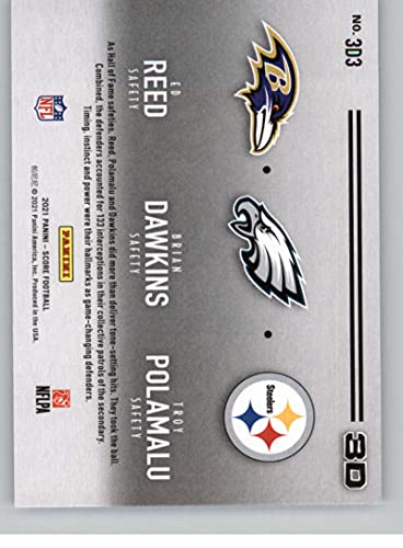 2021 Score 3D #3 Brian Dawkins/Ed Reed/Troy Polamalu Philadelphia Eagles/Baltimore Ravens/Pittsburgh Steelers NFL Football Card NM-MT