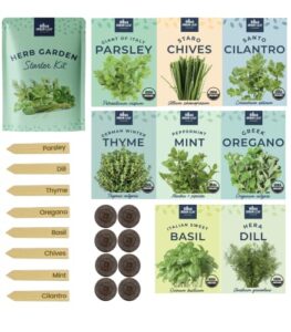 herb garden starter kit (8 pc) – organic, non gmo, high germination rate, resealable secure pouch – incl bamboo labels and soil starters