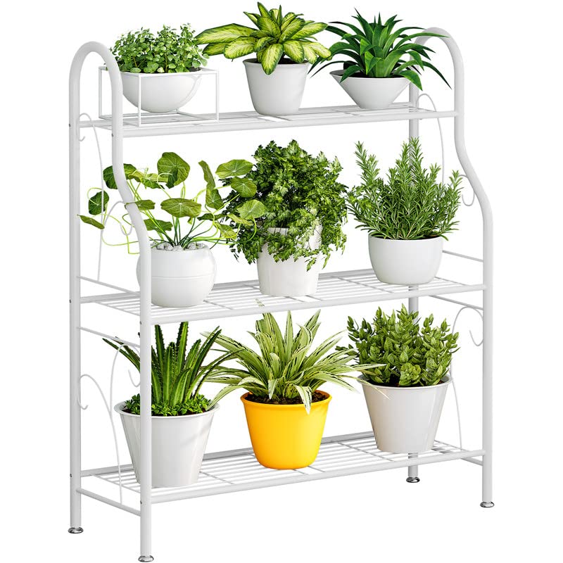 SORCEDAS Plant Stand Rack 3 Tier Metal Corner Plant Shelf Indoor Outdoor Multiple Holder for Living Room Balcony Garden ,White