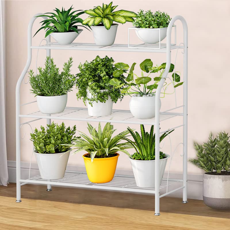 SORCEDAS Plant Stand Rack 3 Tier Metal Corner Plant Shelf Indoor Outdoor Multiple Holder for Living Room Balcony Garden ,White