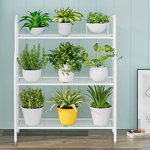 SORCEDAS Plant Stand Rack 3 Tier Metal Corner Plant Shelf Indoor Outdoor Multiple Holder for Living Room Balcony Garden ,White