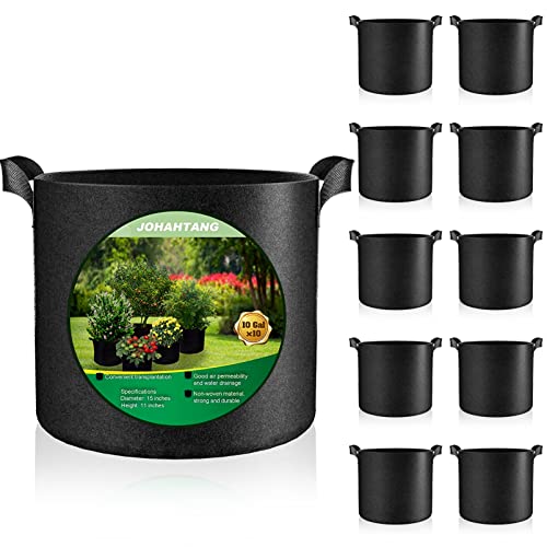 JOHAHTANG 10 Gallon Plant Grow Bags Aeration Fabric Pots with Handles 10 Pack Nonwoven Grow Pots for Garden and Planting, Black