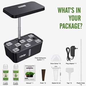 TILTOP Hydroponics Growing System 8 Pods Indoor Herb Garden with LED Grow Light, Height Adjustable Plant Germination Kit Indoor Grow Kit Countertop Garden with Automatic Pump & Timer Black