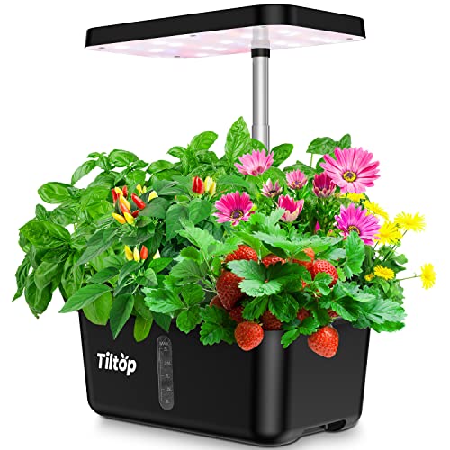 TILTOP Hydroponics Growing System 8 Pods Indoor Herb Garden with LED Grow Light, Height Adjustable Plant Germination Kit Indoor Grow Kit Countertop Garden with Automatic Pump & Timer Black
