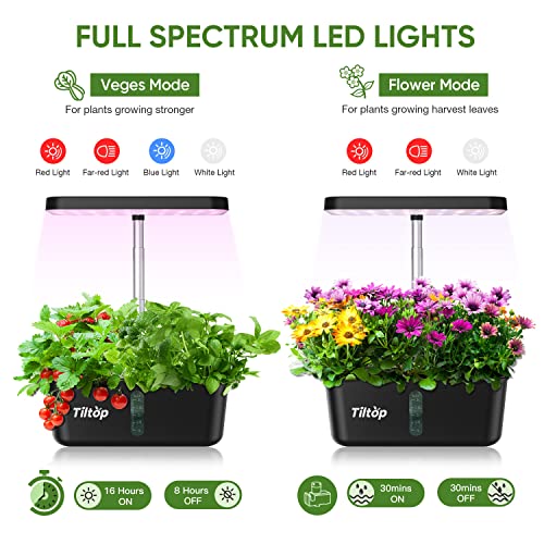 TILTOP Hydroponics Growing System 8 Pods Indoor Herb Garden with LED Grow Light, Height Adjustable Plant Germination Kit Indoor Grow Kit Countertop Garden with Automatic Pump & Timer Black