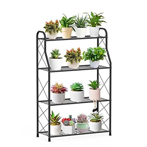 LASZOLA 4 Tier Metal Plant Stand Shelf for Indoor Outdoor Plants Multiple, Plant Stand Planter Flower Pot Holder Display Rack Multiple Shelves Holder for Patio Garden Corner - Black