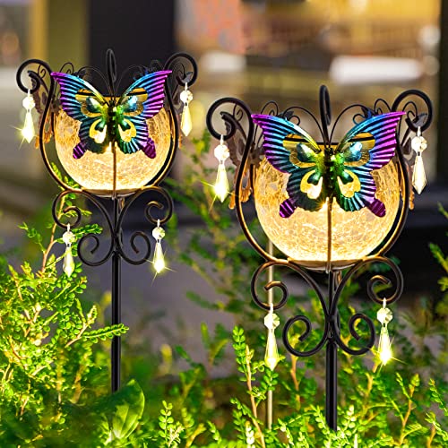 Garden Decor Solar Lights Outdoor, 2pcs Solar Garden Lights Metal Scepter Butterfly Art, Waterproof Yard Stake for Spring Decoration, Patio, Pathway, Lawn