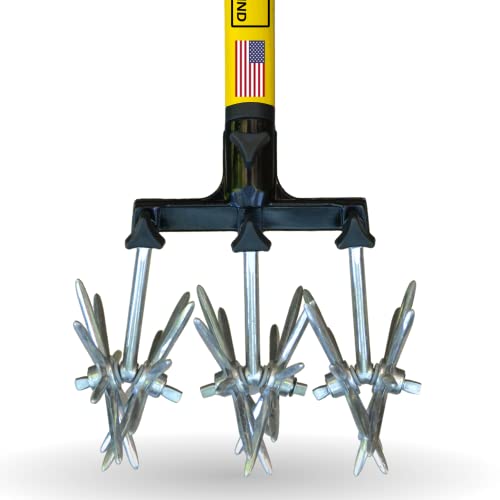 Rotary Cultivator Tool - 60” Extra Long Handle - Reinforced Tines - Reseeding Grass or Soil Mixing - All Metal, No Plastic Structural Components - Cultivate Easily