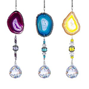 H&D HYALINE & DORA Pack 3pcs Suncatcher Hanging 30mm Crystal Ball with Agate Slices Wind Chimes Ornaments Decor for Window Home Garden