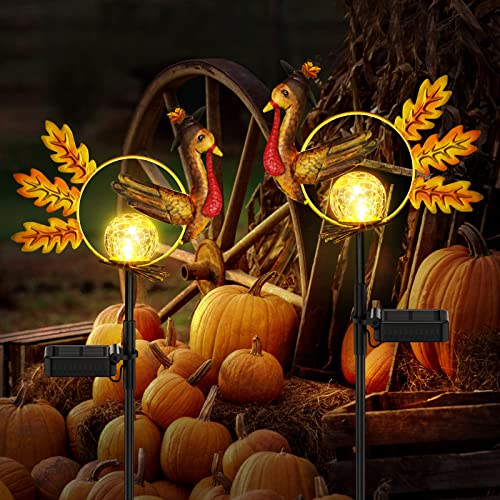 Thanksgiving Decorations Outdoor, 2 Pack AHAORIGIN Solar Turkey Fall Decorations, 36" Solar Powered Metal Turkey Garden Stakes Lights, Auto ON/Off Waterproof Thanksgiving Yard Pathway Outdoor Decor