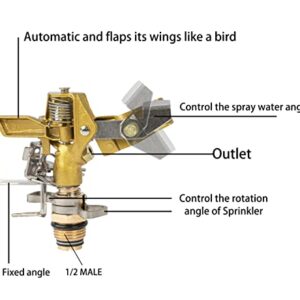 Hourleey 1/2 Inch Brass Impact Sprinkler, 2 Pack Heavy Duty Water Sprinkler Head, Adjustable 0-360 Degree Coverage Pattern, Watering Sprinkler for Large Area Lawn Patio Garden Irrigation