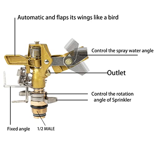 Hourleey 1/2 Inch Brass Impact Sprinkler, 2 Pack Heavy Duty Water Sprinkler Head, Adjustable 0-360 Degree Coverage Pattern, Watering Sprinkler for Large Area Lawn Patio Garden Irrigation