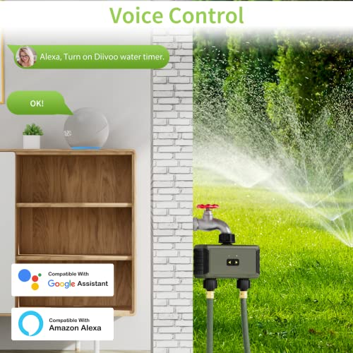 WiFi Sprinkler Timer 2 Zone, Diivoo Smart Water Timer for Garden Hose, Wireless Remote Control Irrigation System with Wi-Fi Hub, Rain Delay and Manual Watering, Leakproof for Yard Lawn Watering